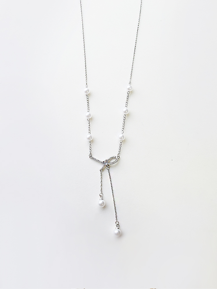 [소수] Pearl Cubic Ribbon Necklace 진주 큐빅 리본 목걸이