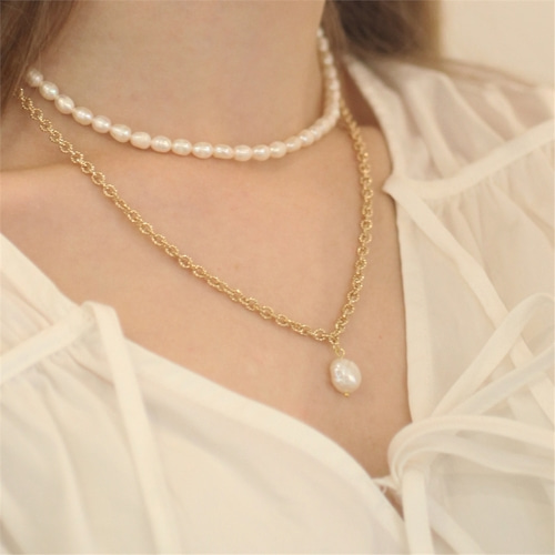 [하스] [2SET]Freshwater pearl bold chain necklace_LV003