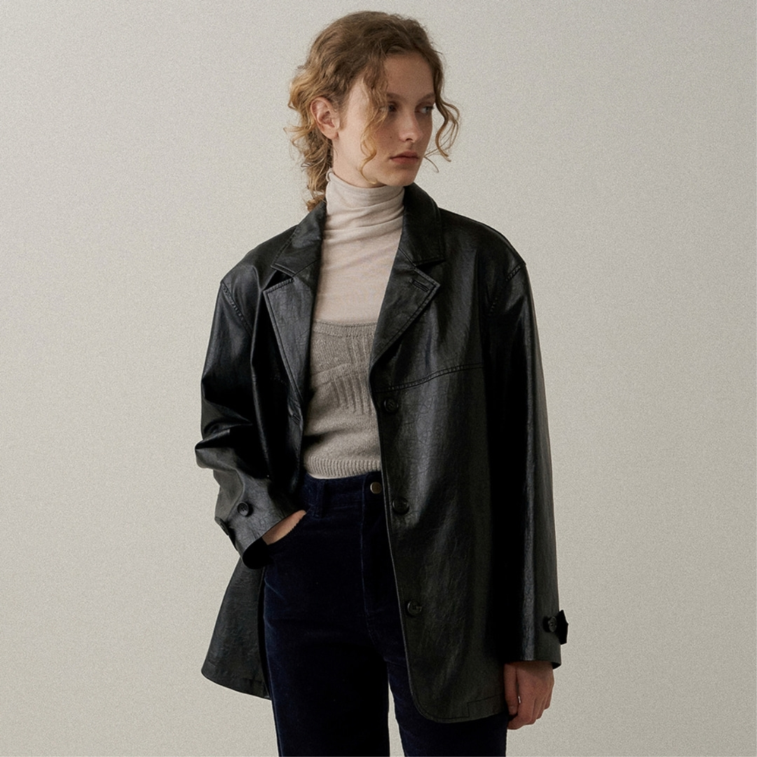 [블랭크03] faux leather overfit jacket (black)