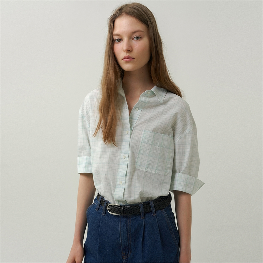 [블랭크03] boxy cotton pocket shirt [Italian fabric] (green check)