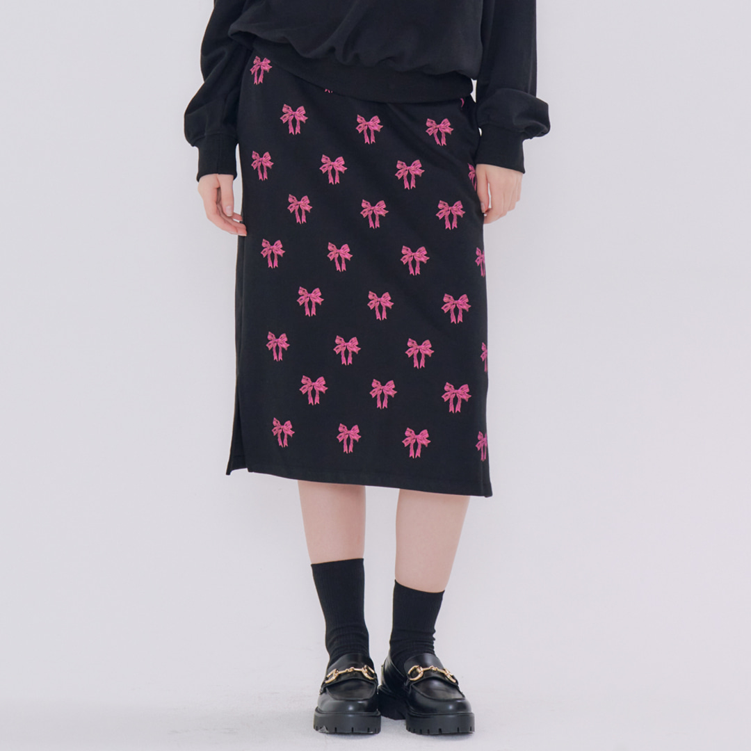 [메타퍼] MET ribbon printing skirt black