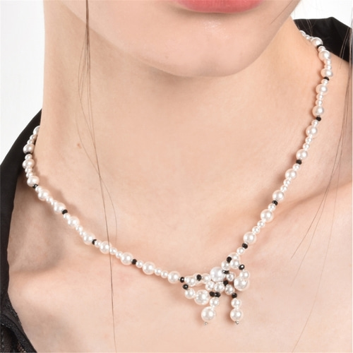 [티오유] Black beads pearl ribbon necklace_TP019 [Silver925]