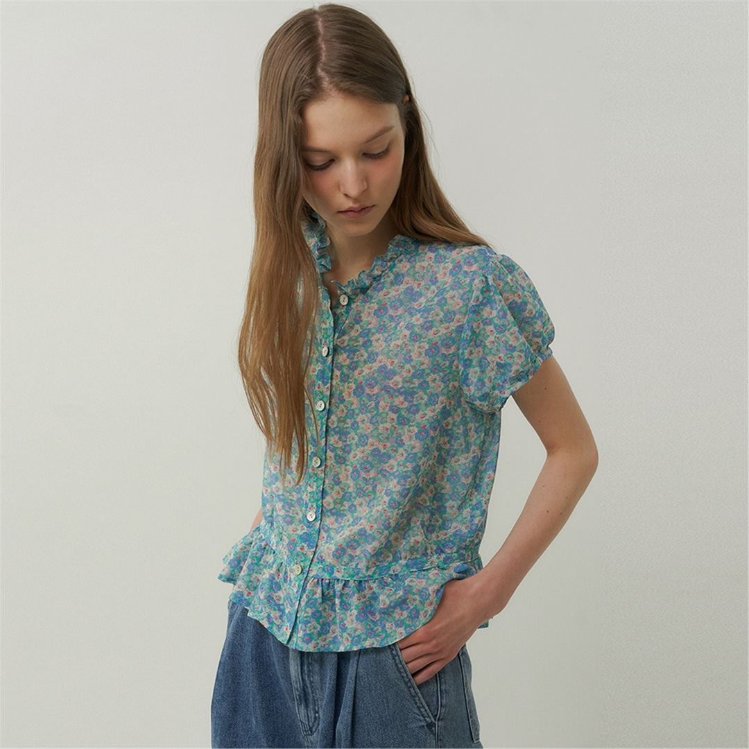 [블랭크03] flower ruffle blouse [Japanese fabric] (blue)