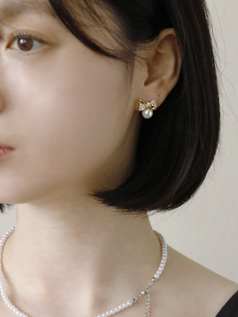 [소수] Cubic Ribbon Pearl Earring 큐빅 리본 진주 귀걸이