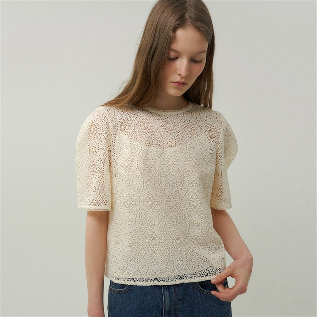 [블랭크03] back button lace blouse [Italian fabric] (light beige)