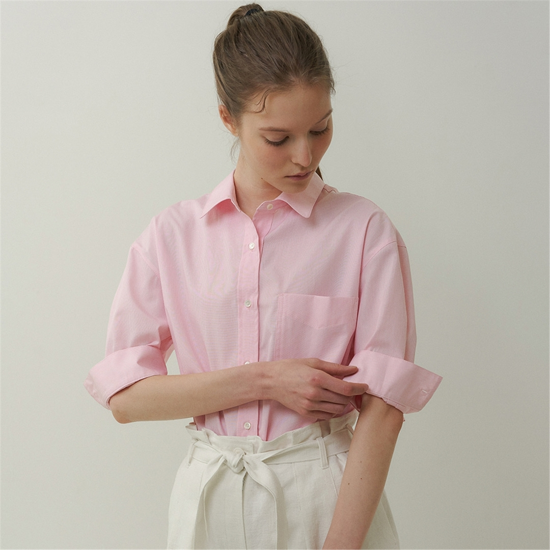 [블랭크03] boxy cotton pocket shirt [Italian fabric] (pink stripe)